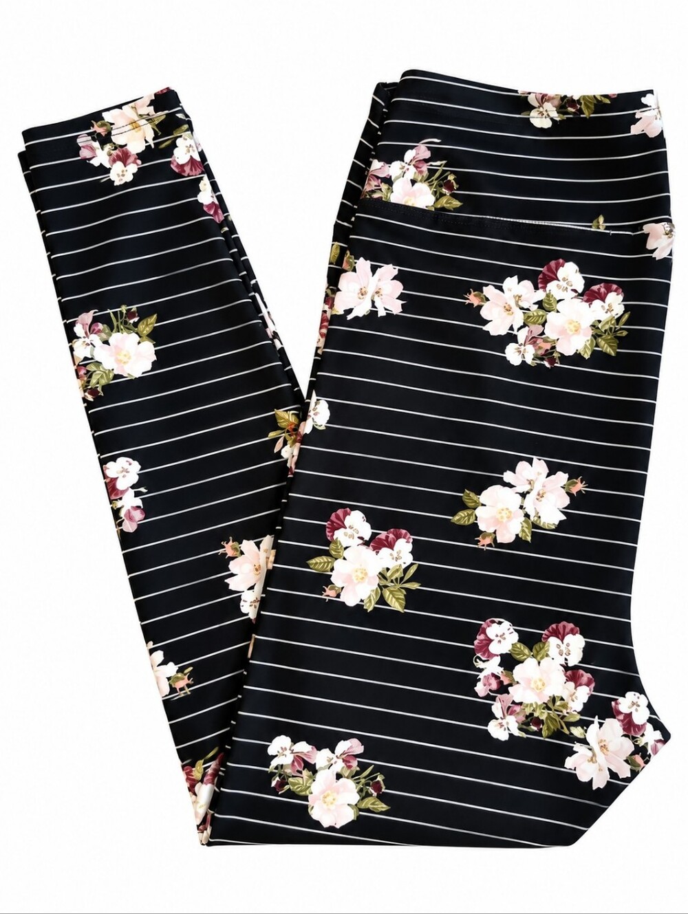 LuLaRoe Black Stripe Floral Simply Comfortable Leggings TC2 Tall & Curvy 2